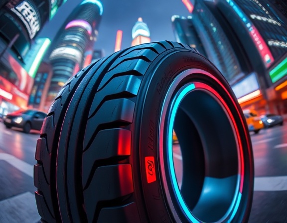 innovative brands tire, expressing cutting-edge technology, dynamically rotating, photorealistic, against a futuristic cityscape, highly detailed, reflections of neon lights, glossy finish, neon blue and dark grey, artificial LED lighting, shot with a fisheye lens