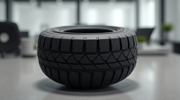 minimalistic tire logo, delivering simplicity, subtly engraved, photorealistic, placed on a modern desktop, highly detailed, soft shadows creating depth, matte rubber finish, pure white and jet black, soft box lighting, shot with a tilt-shift lens