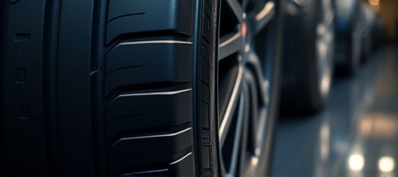 luxury brands tire, representing high-end quality, gracefully displayed, photorealistic, on a showroom floor, highly detailed, sparkle reflections from polished surface, satin-like rubber texture, deep navy blue, soft spotlight, shot with a zoom lens