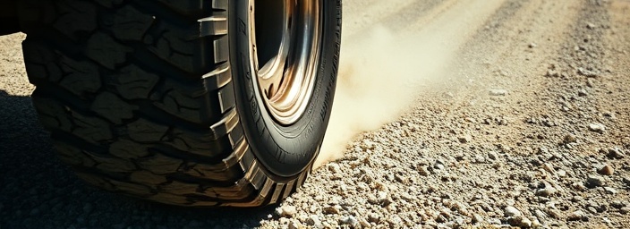 robust rubber tire, projecting durability and strength, rolling steadily, photorealistic, on a gravel road, highly detailed, dust particles in the air, rugged tread pattern, deep black, harsh midday sun, shot with a telephoto lens
